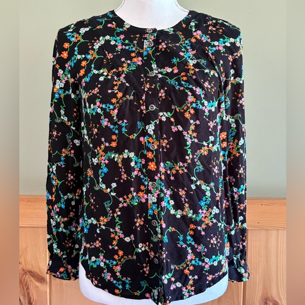 Maeve Anthropologie Women’s Floral Button-Up Top - Black with Multicolor Flowers